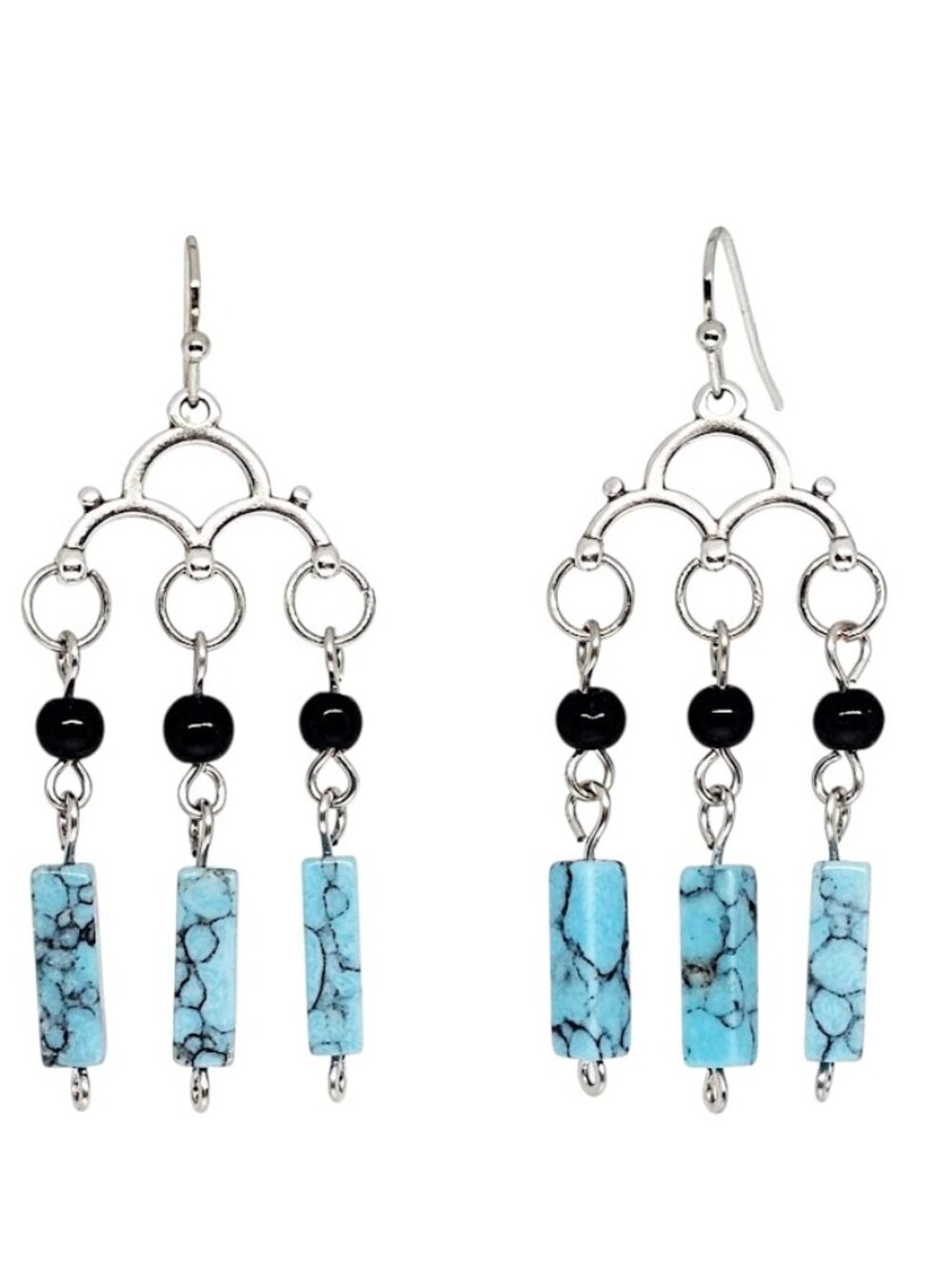 Blue Howlite Chandelier Earrings Rectangle Beads Silver Boho Dangle Handmade